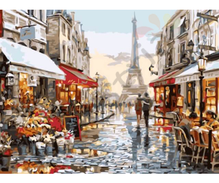 Раскраска по номерам, размер 30х40, &quot;Нарядная парижская улочка&quot;