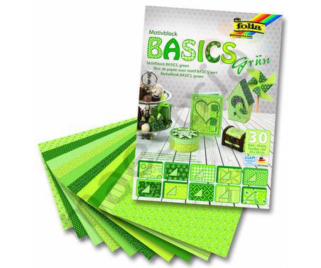 Блок цветной бумаги «Basic» зеленая гамма 10 мотивов по 3 листа 24*34 см