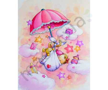 Постер &quot;Розовый зонтик с ребенком и игрушками&quot;, размер 20х25