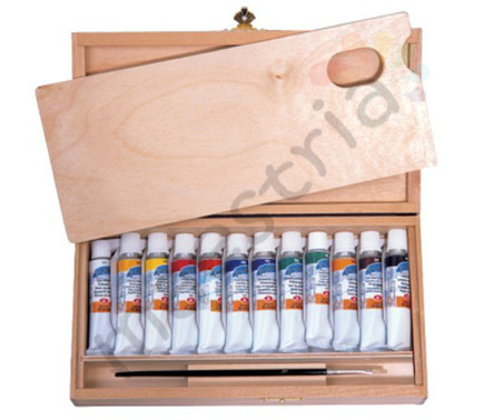 Набор масляных красок Ладога 12 туб по18 мл + кисть, в деревянной коробке