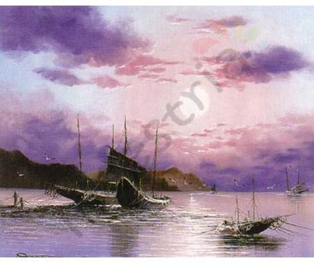 Постер &quot;Сиреневый морской пейзаж с лодками&quot;, р.56x71